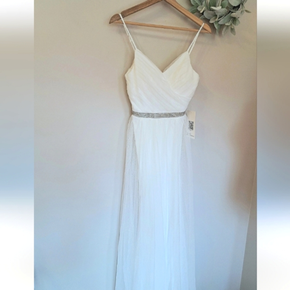 NWT Emerald Sundae White Rhinestone Dress With Tulle Overlay, 2 Leg Slits Size S